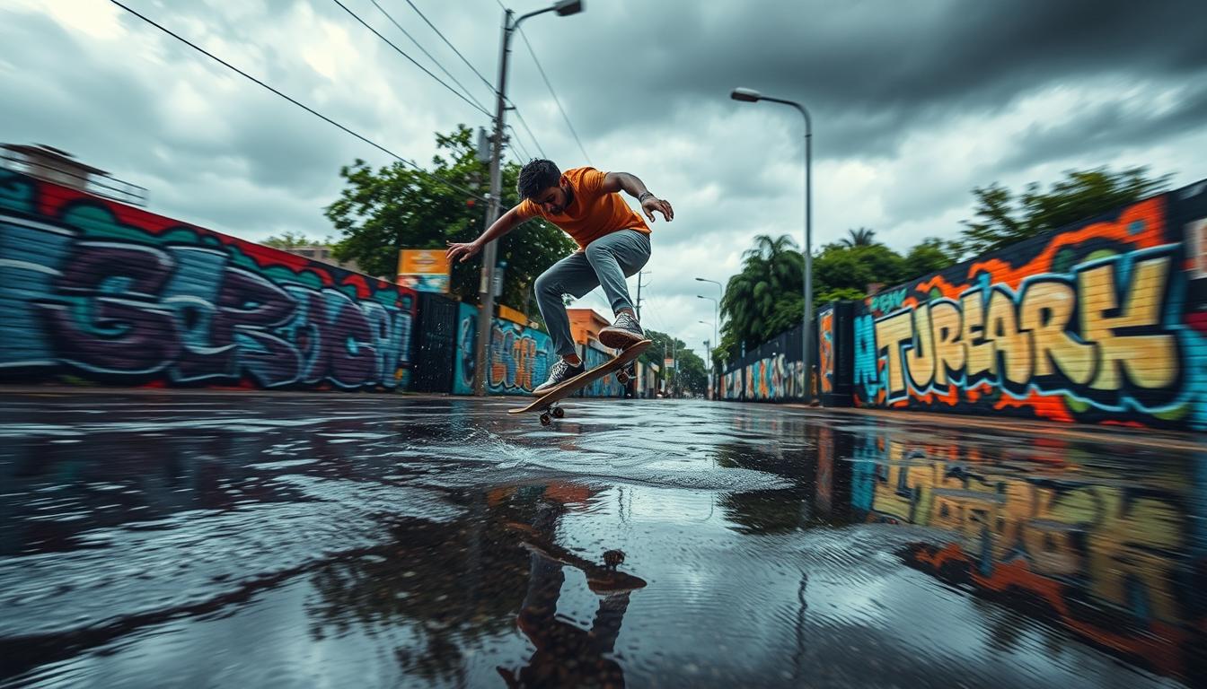 skateboarding in rain